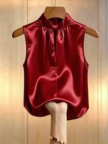 SHEIN Franclia 女士法式优雅缎面镂空褶皱领无袖衬衫 - 紅色 - 查看 4