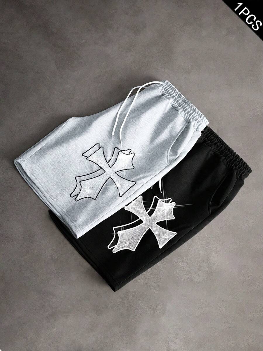 PAVTROS 男士街頭風熱銷亮片刺繡十字亮片刺繡朋友聚會男友丈夫禮物週年紀念禮物男士短褲 - 淺灰色 - 查看 1