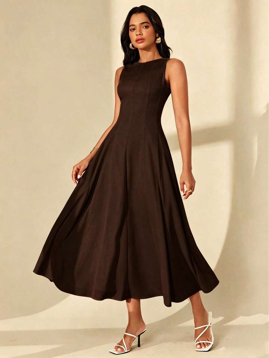 SHEIN Raffinéa Women's Elegant Textured Colorblock Sleeveless Dress - Brown - View 1