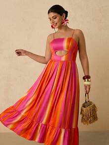 Travachic Đầm cami nữ size lớn phong cách đi biển mùa hè, màu gradient, chi tiết khoét rỗng, eo bo, gấu bèo nhún - màu nâu - Xem 6