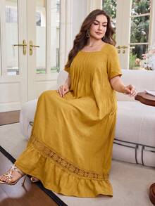 Al Najma Plus Size Women's Elegant Arabic Style Solid Color Linen Fabric Contrast Lace Ruffle Loose Long Dress, Spring/Summer - Yellow - View 1
