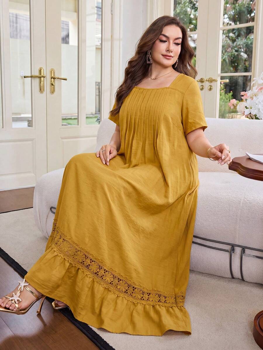 Al Najma Plus Size Women's Elegant Arabic Style Solid Color Linen Fabric Contrast Lace Ruffle Loose Long Dress, Spring/Summer - Yellow - View 1