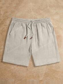 HIMLAND Pantalones cortos casuales de unicolor con cordón en la cintura y bolsillos para hombres de talla grande - Beis - Ver 2