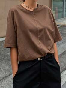 Livesso 夏季寬鬆休閒極簡街頭風咖啡棕拼色設計短袖女款T恤，度假日常早午餐穿搭上衣 - 棕色 - 查看 3