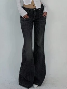 DAZY Women's Washed Distressed Korean Style Loose Flare Jeans Petite - Dark Grey - View 6