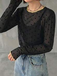 FRIFUL Women's Spring/Autumn Long Sleeve Transparent Round Neck Polka Dot Top - Black - View 3