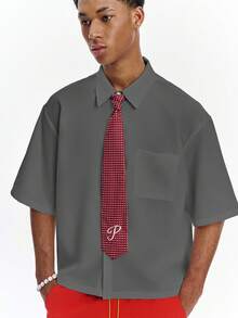 PAVTROS Men's Solid Color Loose Short Sleeve Shirt With Tie - Grey - View 3
