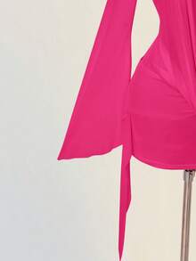 SHEIN ICON 性感大尺寸垂領網紗拼接露背迷你洋裝，夜店聚會派對穿搭，亮粉色，秋季 - 玫紅色 - 查看 6