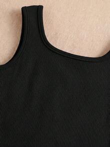 SHEIN 少女日常休閒居家素色無袖背心上衣與短褲套裝 - 黑色 - 查看 3