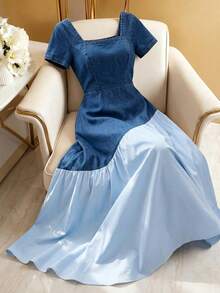 GlowEve Women's Casual Colorblock Patchwork Denim Dress, Summer - Blue - View 1