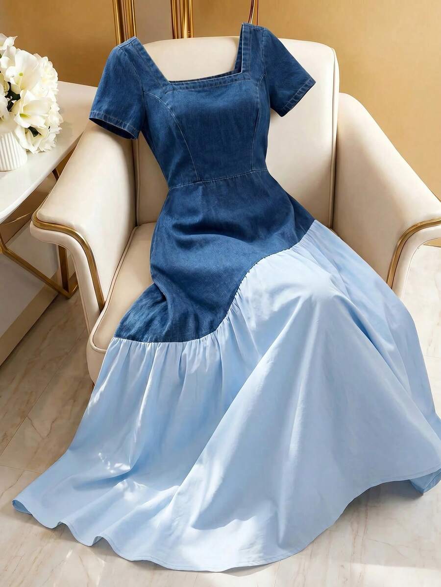 GlowEve Women's Casual Colorblock Patchwork Denim Dress, Summer - Blue - View 1