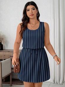 EMERY ROSE Striped Casual Minimalist Full Print Plus Size Dress - Multicolor - View 6