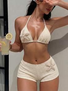 Swim SXY 女款春夏新款純色杏色泳衣，2件套網格鏤空紋理面料，珍珠與針織海星飾品設計，2件式分體比基尼套裝，掛脖綁帶與男孩短褲套裝，適合海灘拍照、度假、約會、派對，優雅高端氛圍泳衣 - 米色 - 查看 1