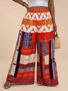 Travachic Plus Size Contrast Color Vintage Loose Straight Casual Pants - Multicolor - View 6