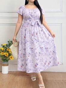 SHEIN Clasi 大码女式夏季印花圆领短袖插肩长连衣裙，圣诞节女式长裙套装 - 紫色 - 查看 4