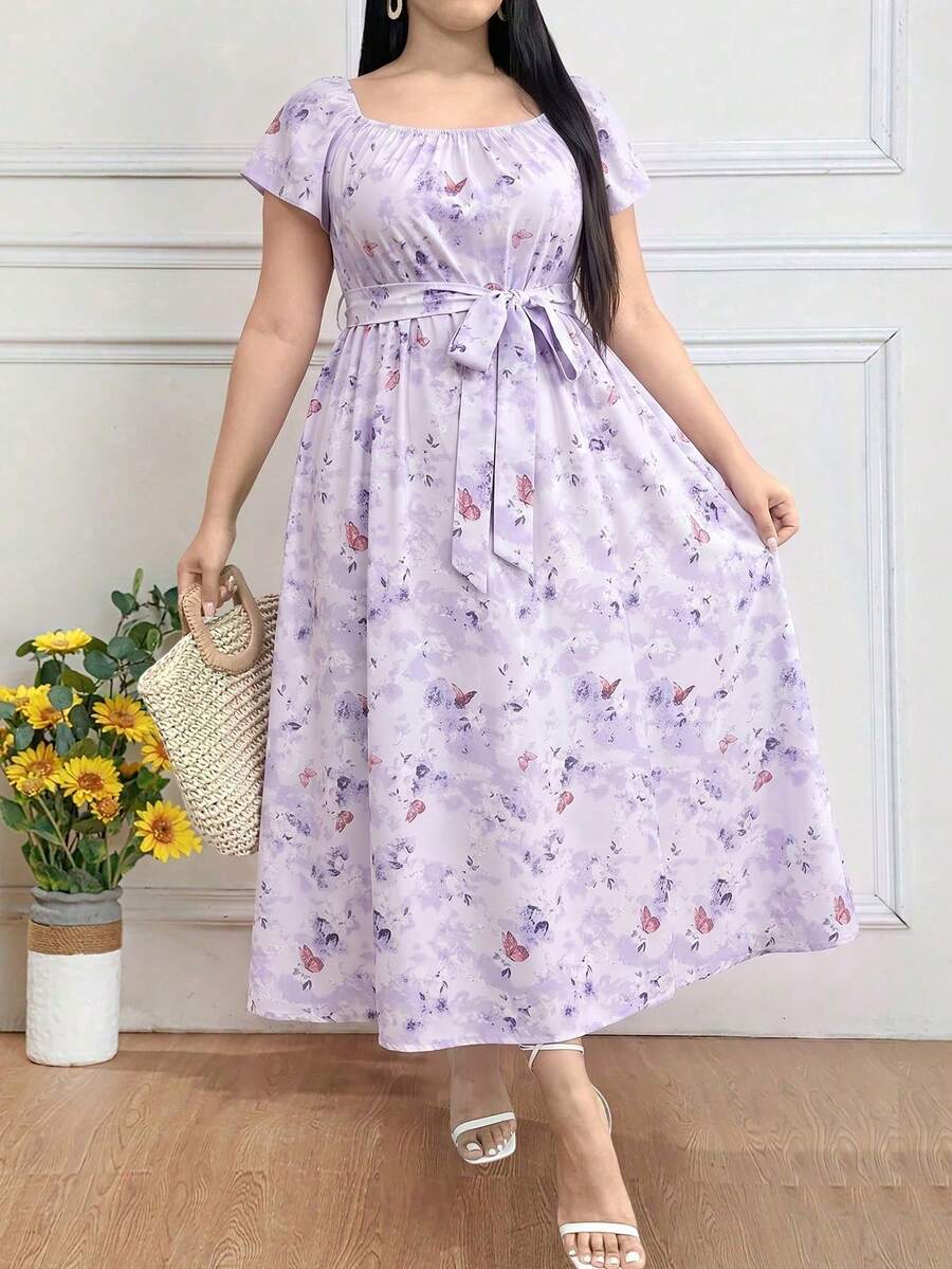 SHEIN Clasi Plus Size Women Summer Floral Print Round Neck Short Raglan Sleeve Long Dress, For Christmas Maxi Women Outfit - Purple - View 1