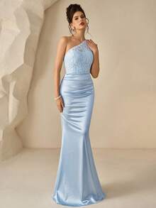 Coutiva Asymmetric Neck Lace Patchwork Satin Mermaid Hem Evening Gown Strapless Backless Dress,Fan-Shaped Pearl Ribbon Design Bodycon Evening Gown,Formal - Blue - View 4