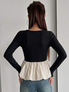 DAZY Women Crew Neck Colorblock Long Sleeve T-Shirt,Ruffle,Fall Clothes - Black and White - View 8
