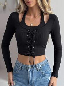 DAZY Women Spring Design Sense Cross Strap Tight Crop Top With Long Sleeve And Hollow Out Stripes Going Out Tops Women - Black - View 10