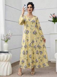Al Najma Women's Floral Print V-Neck Long Sleeve Arabian Dress - Yellow - View 3