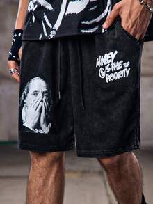 Skyrend Pantalones cortos estampados para hombres con efecto desgastado, con retratos de Franklin y patrones con temática de dinero, adecuados para el estilo casual de calle en verano - Negro - Ver 1