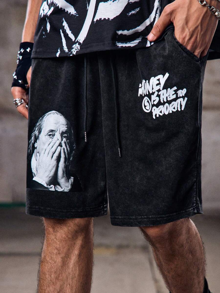 Skyrend Pantalones cortos estampados para hombres con efecto desgastado, con retratos de Franklin y patrones con temática de dinero, adecuados para el estilo casual de calle en verano - Negro - Ver 1