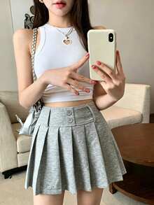 Joudiya Women's Pleated Mini Skirt, Fashionable For Spring & Summer - Light Grey - View 14
