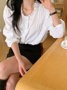 DAZY 寬鬆條紋長袖休閒度假夏季女款襯衫 - 白色 - 查看 3