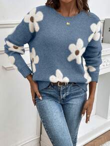 EMERY ROSE Autumn/Winter Casual Floral Pattern Women's Sweater - Blue - View 3