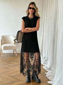 SHEIN LUNE Women's Elegant Black Winter Maxi Dress,Textured Ribbed Sleeveless Lace Patchwork Design,Suitable For Brunch,Date,Commuting,Spring & Summer Fashion - Black - View 3