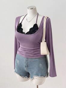 Sunspun 辣妹風蕾絲拼接性感修身極簡長袖T恤 - 紫色 - 查看 1