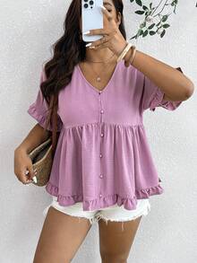 SHEIN Frenchy 大尺碼女款寬鬆A字版休閒襯衫，蛋黃色女上衣，鈕扣開襟襯衫，春夏季女裝 - 紅木色 - 查看 9