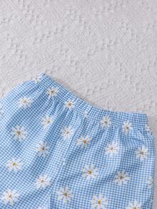 Elladie kids 2026年少女超可愛夏季套裝，格紋印花雛菊上衣 + 短褲 2件套裝 - 淺藍色 - 查看 4