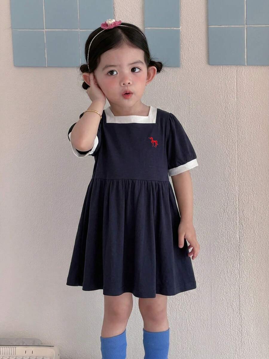 DAZY 女嬰圓領條紋休閒寬鬆拼色條紋洋裝 夏季幼兒 - 藍色 - 查看 1
