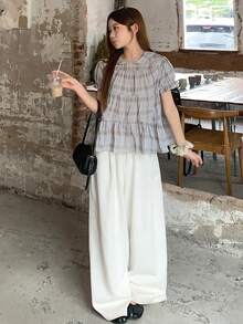 DAZY 女款格紋領韓風休閒清新春夏襯衫度假可愛上衣 - 灰色 - 查看 3
