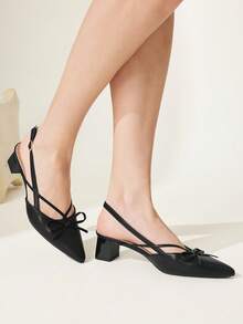 CUCCOO CHICEST Black Pointed Toe Bow Slingback Thick Heel Sandals, Workplace Commuting Temperament Shoes - List One Black - View 6