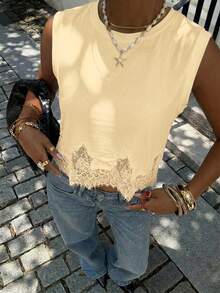 Siren Gaze Women's Summer Casual Solid Color Contrast Lace Round Neck Tank Top - Light Yellow - View 6