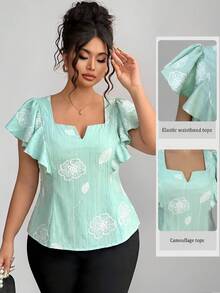 SHEIN Clasi Plus Size Women's Light Green Ruffle Hem Short Sleeve Fitted Blouse Wedding Guest Vacation Summer Elegant Eleganza - Mint Green - View 1