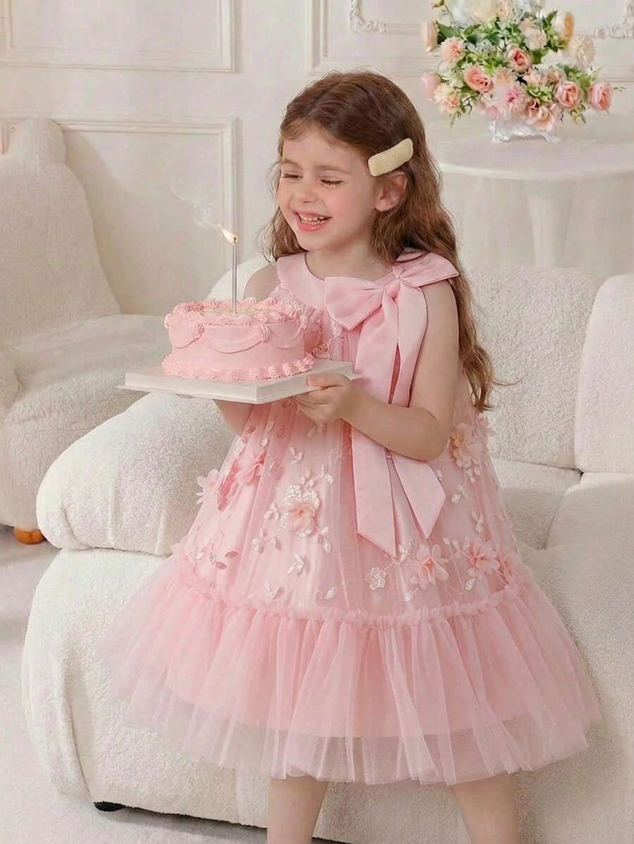 Glamorique Kids Đầm hoa cổ yếm thanh lịch cho bé gái, tay bồng kiểu cánh hoa, đính nơ lớn, thích hợp cho mọi mùa, dự tiệc sinh nhật, phù hợp cho bé gái. - Hồng - Xem 1