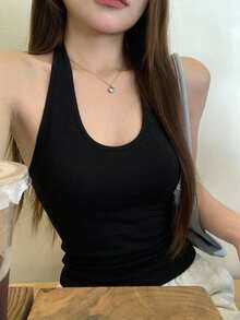 DAZY Women's Summer Casual Versatile Solid Color Halter Neck Top - Black - View 10