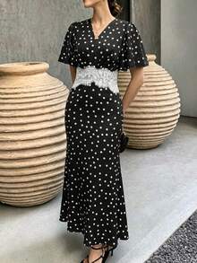 Modelyn 女款V領蕾絲飾邊黑白波點長洋裝，適合派對與聚會 - 黑色 - 查看 2