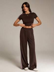 SHEIN Tall Women's Striped Patchwork Round Neck Short Sleeve T-Shirt And Wide Leg Pants Casual 2 Pieces Set - Brown - View 4