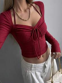 Joudiya Valentine's Day Red New Year Fitted Color Block Long Sleeve Women's T-Shirt,Fall Clothes - Red - View 13