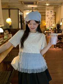 Livesso Women's Summer Casual Colorblock Ruffle Hem T-Shirt Vacation Cute Top - Grey - View 5