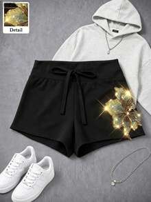Everyssa Quần short nữ cạp thấp dáng casual, quần short đen thêu và đính sequin, quần short đen cạp thấp phong cách Y2K, quần short đi nghỉ mát, quần short mùa xuân/hè. - màu đen - Xem 7