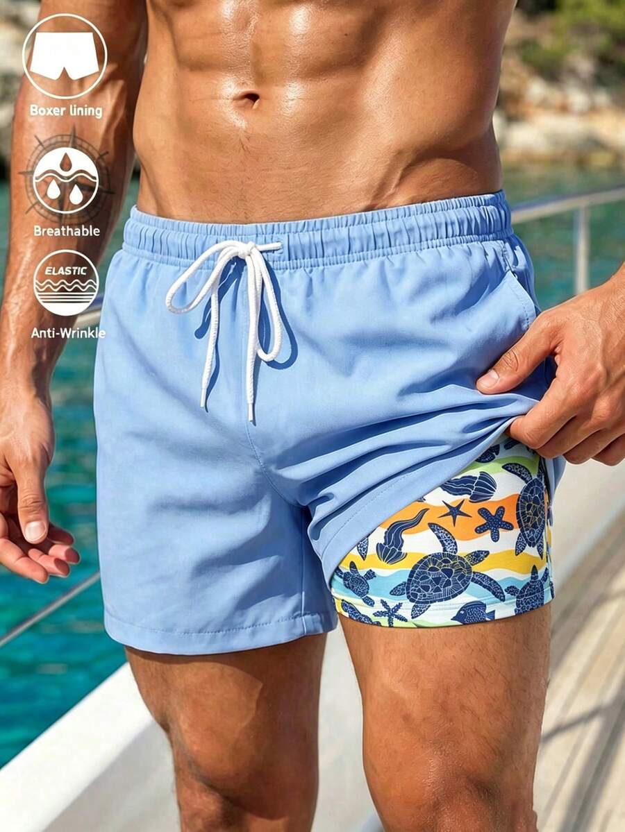 Manfinity Swimmode 男士海龜印花彈性腰抽繩綁帶沙灘短褲 - 藍色 - 查看 1