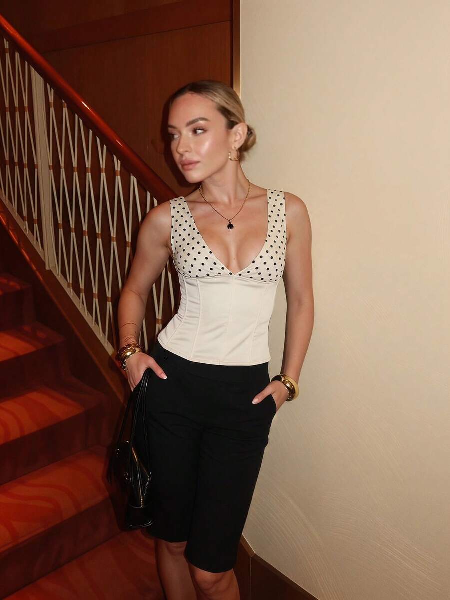 Katetique Top corset à imprimé pois sexy col V profond pour femmes, printemps/été. Corset à pois, corset pour la Saint-Valentin, Top pour rendez-vous, vacances d'été, Saint-Valentin, Top de soirée élégant, Top de sortie, Top d'anniversaire pour femmes, Top à pois, Top de travail - Nude - Voir 1