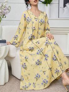 Al Najma Women's Floral Print V-Neck Long Sleeve Arabian Dress - Yellow - View 5