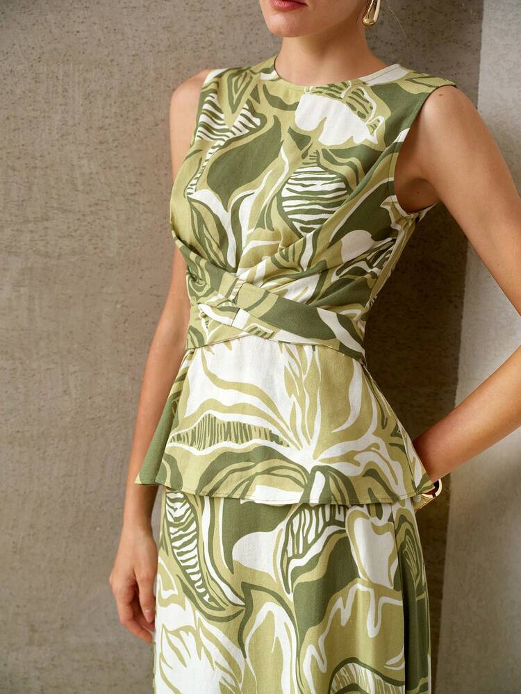 WOMEN'S SPRING/SUMMER LINEN BLEND PRINTED TOP AND SKIRT 2 PIECES SET