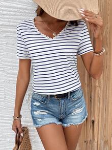 SHEIN Frenchy Women's Striped Back Contrast Lace V-Neck Short Sleeve T-Shirt - Blue and White - View 3